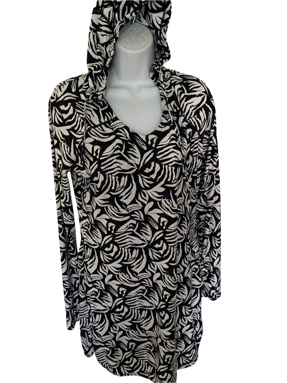 Coolibar Black and White Leaf Print Hooded Tunic Dress -XS  black white